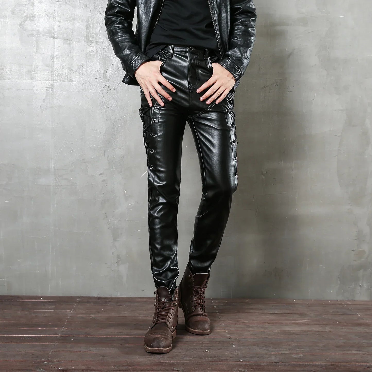 Men'S Motorcycle Rock Night Club Steampunk Biker Lace Up Pu Leather Pants Slim Fit