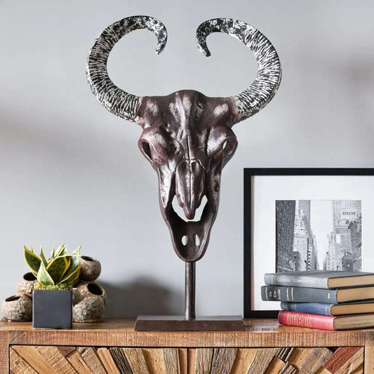 Taurus On Stand Accent Aluminum Bull Skull Rustic Handcrafted Wall Decor Home For Living Room Decor Statues Tabletop Centerpiece