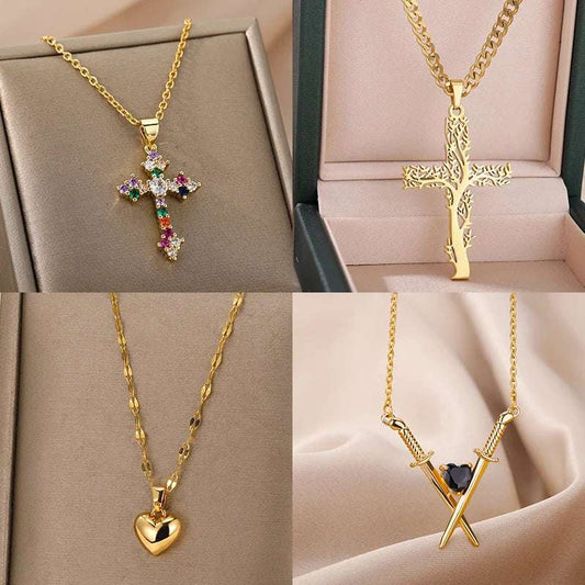 Crossed Swords & Onyx Heart Necklaces For Womentainless Steel Crossed Swords Necklace Wedding Aesthetic Jewelry Gift 2023