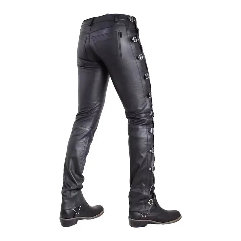 Black Matte Faux Leather Men's Pencil Pants Vintage PU Slim Casual Male Straight Trousers Chic Bodycon Splicing Pant New Custom