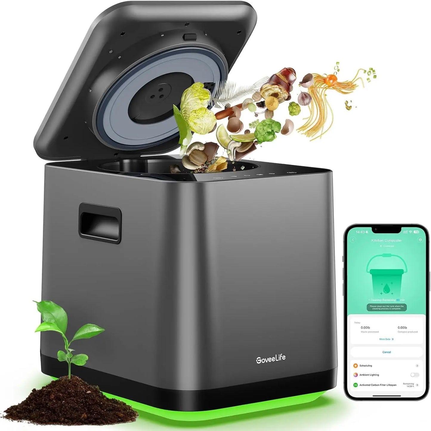 Smart Electric Composter For Kitchen, 3L Compost Bin Indoor With App & Voice Control, Auto-Cleaning, 3 Modes, Turn Food Waste To