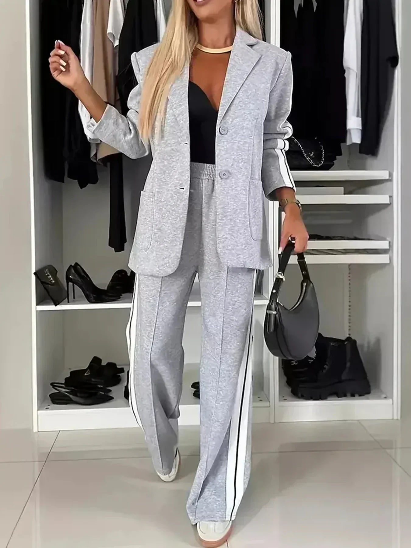 2025 New Elegant Women'S Knitted Coat And Pants Set - Long Sleeve, Collar, With Side Stripe Details, Spring And Autumn Season