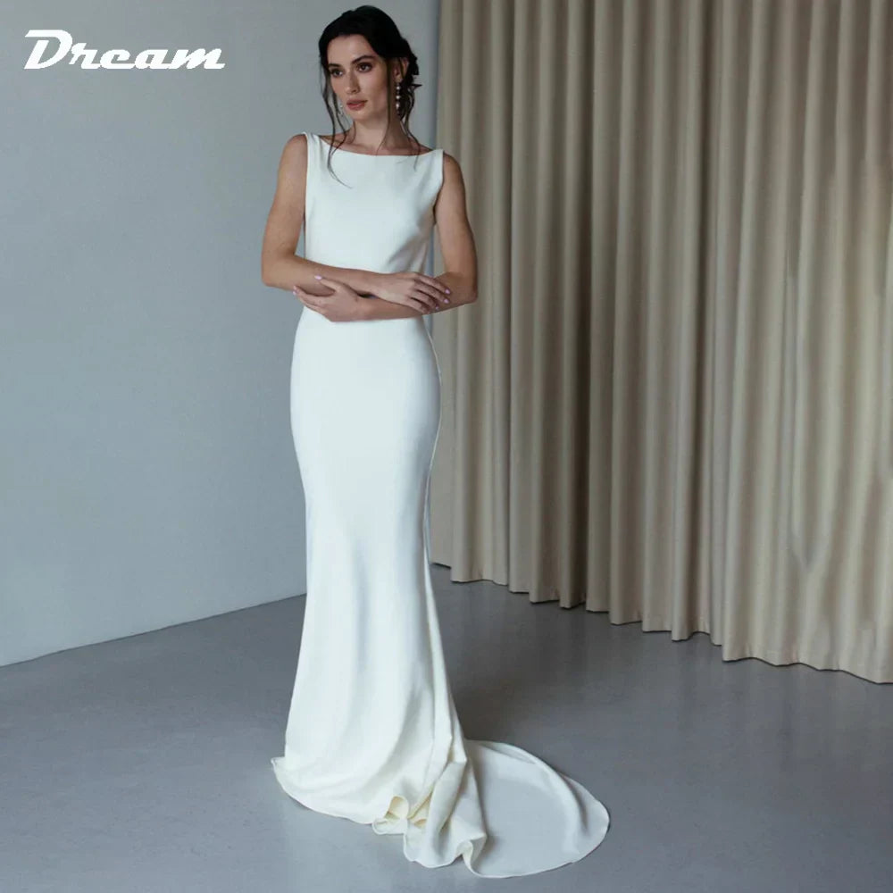 DREAM Customized Crepe Sleeveless Simple Mermaid Wedding Dress 2025 Bride Open Back Boat Neck Sweep Train Backless Bridal Gowns