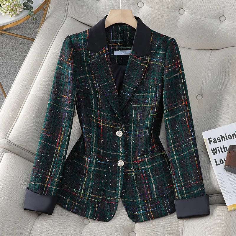 Luxury Ladies Black White Plaid Coat Fashion Small Blazers Commuter Short Suit Jacket Women's Lapel Single Breasted Outwear
