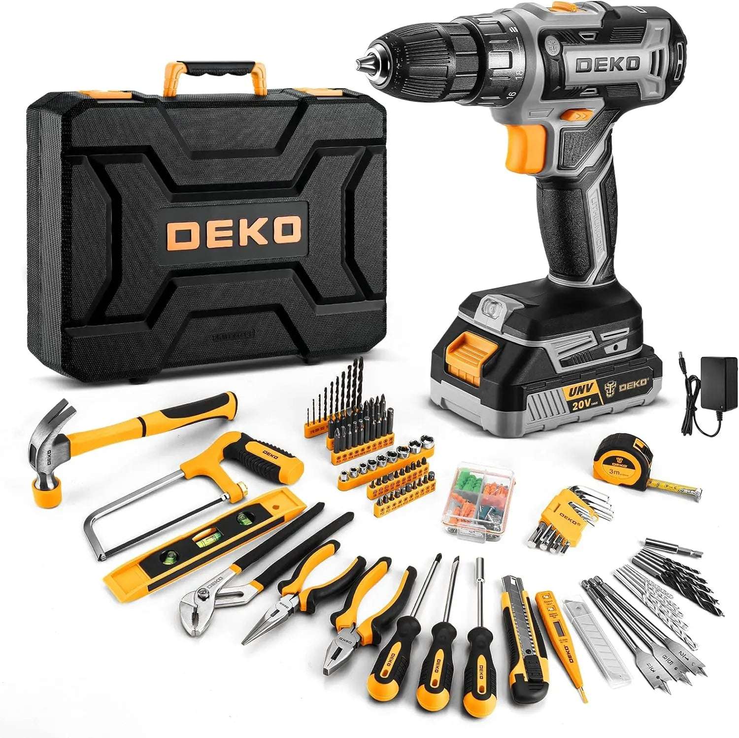 DEKO Cordless Drill Tool Kit Set: 20V Power Drill Tool Box with Battery Electric Drill Driver