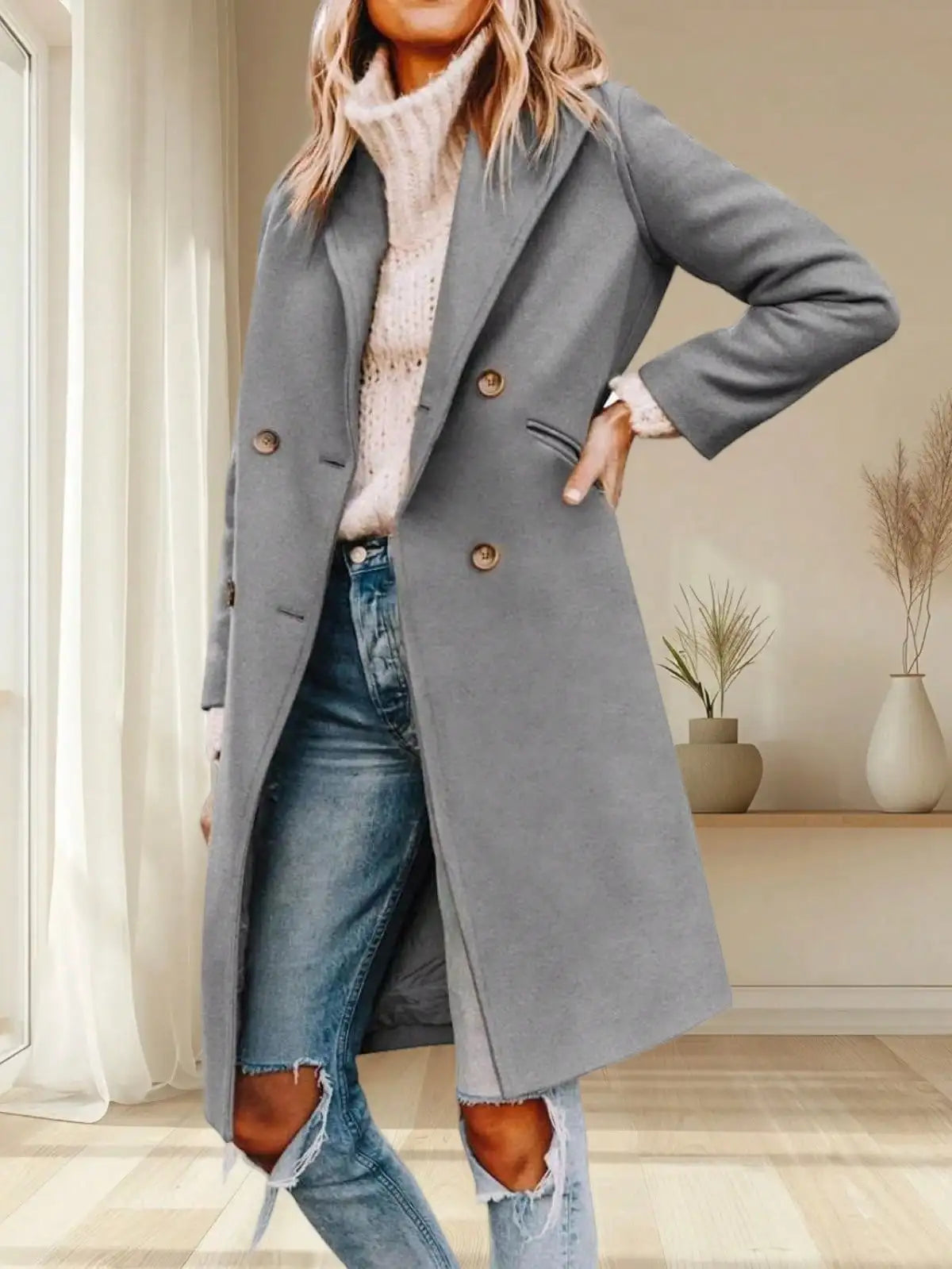Womens Notched Lapel Collar Double Breasted Pea Coat Winter Wool Blend Over Coats Long Jackets