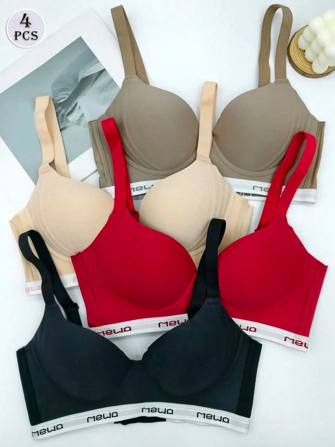 4-Pack Women's Underwear Bra Solid Color Thin Style Big Chest Small No Steel Ring Seamless