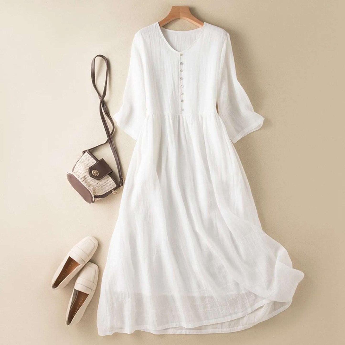 Summer Plain Color V-neck BeaMidi Dress Women Comfy Breathable Holiday White Dresses Casual Sundress