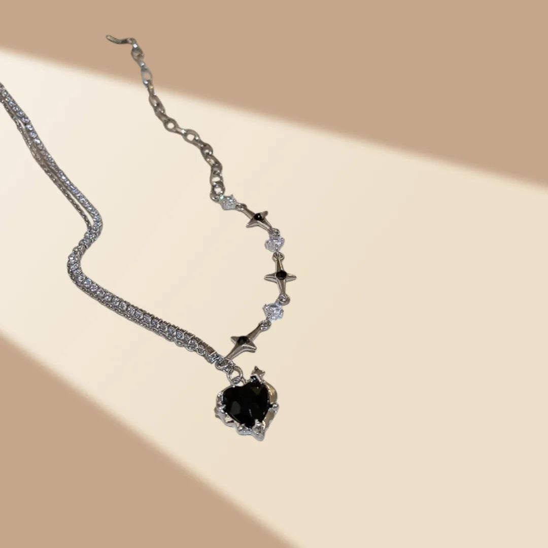 2025 New Silver Color Multi-Layer Choker Necklace (One Piece) With Black Heart Star Design - Stylish And Sweet Party Accessory