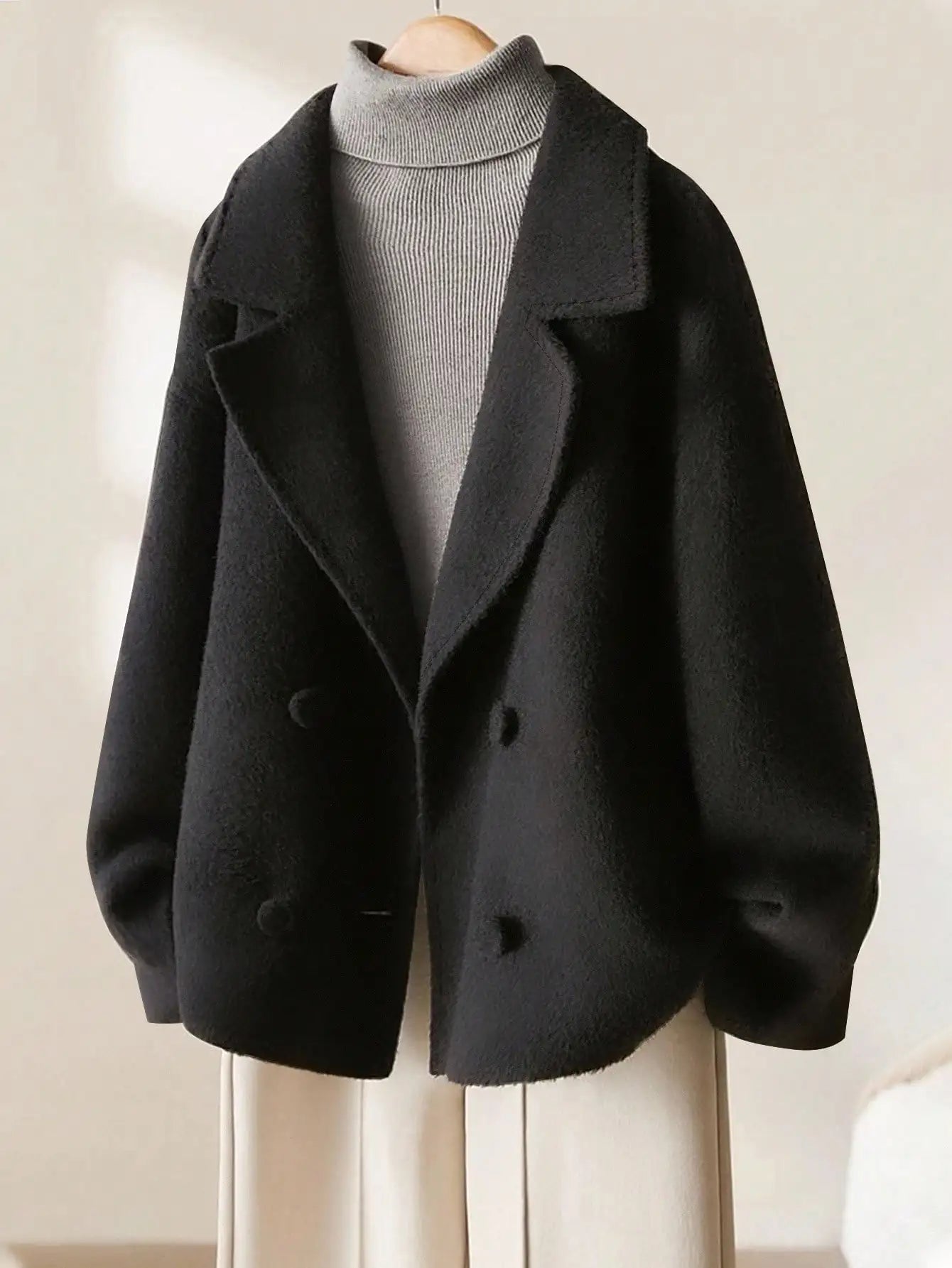 WoMen's Black Double Breasted Wool Blend Jacket With Wide Lapel And Loose Fit