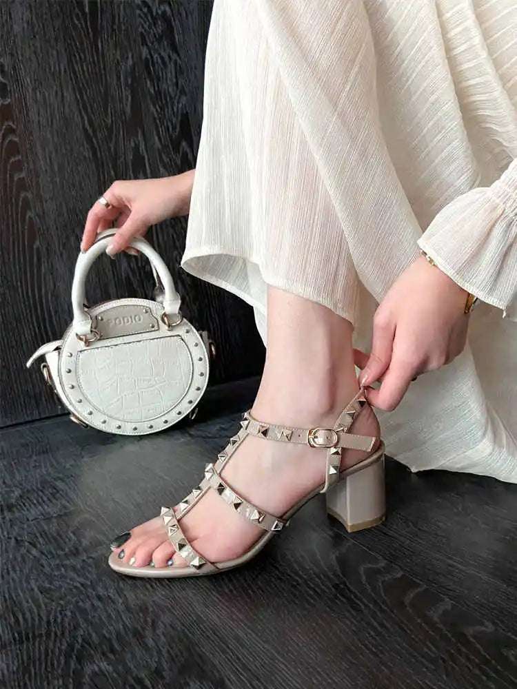 Women Gladiator sandals summer 2025 New luxury woman Heeled sandals Brand Designer Rivets High Heels fashion Ladies Shoes 6cm