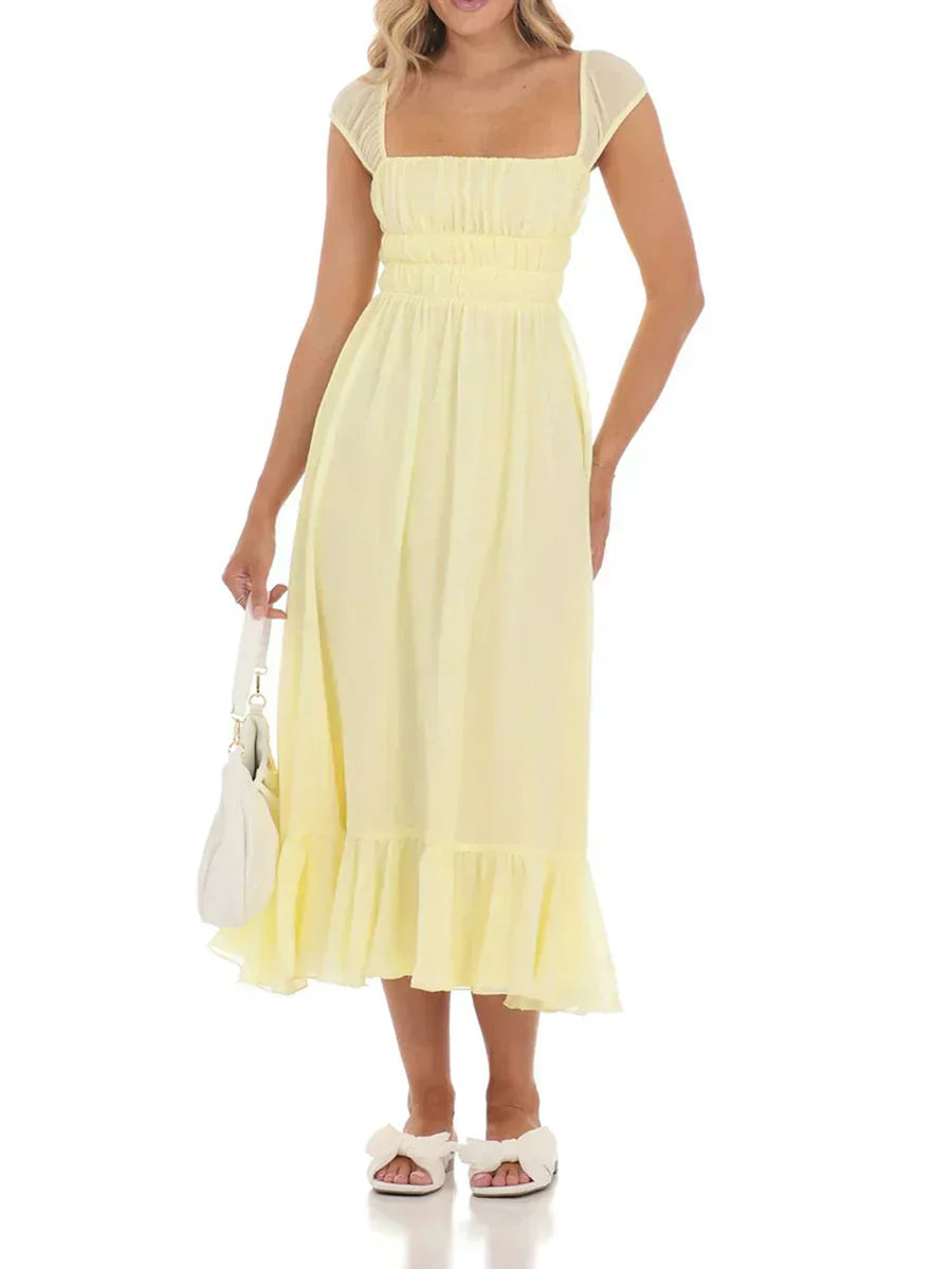 Off-Shoulder Maxi Dress with Floral Print and Ruffled Hemline Suitable for Summer Weddings and Parties