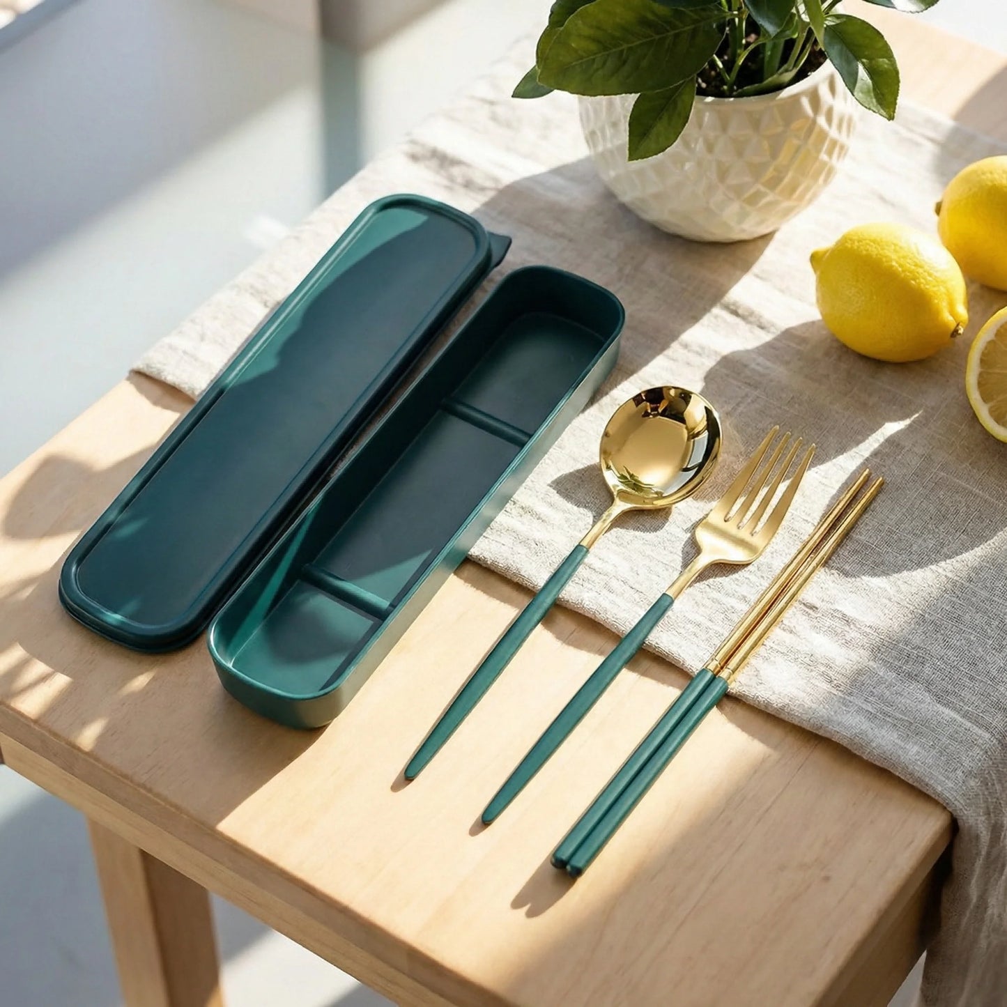 1-Pack 3-Piece Stainless Steel Cutlery Set - Green & Gold Portable Utensils With Travel Case, Food-Safe Spoon Fork Chopsticks