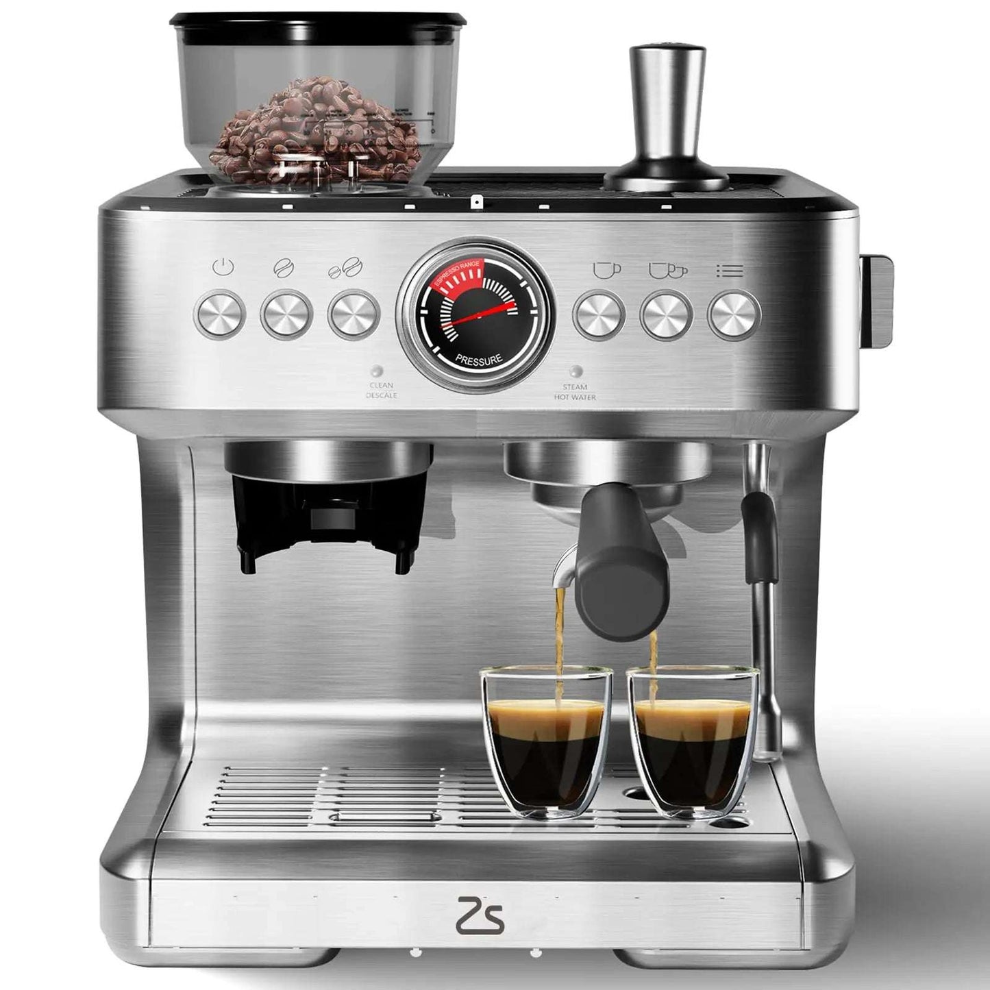Espresso Coffee Maker With Grinder, 20 Bar Stainless Steel Espresso Coffee Maker With Milk Frother, 2.8L Water Tank