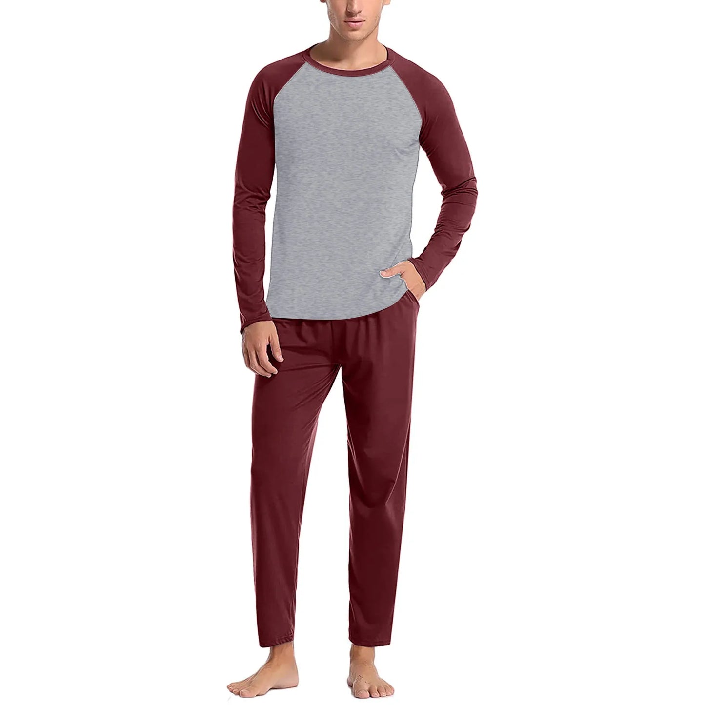 Autumn Winter Men'S Pajama 2 Piece Set Contrast Color Long Sleeve T Shirt And Solid Pants Set Sleepwear Men'S Home Clothes