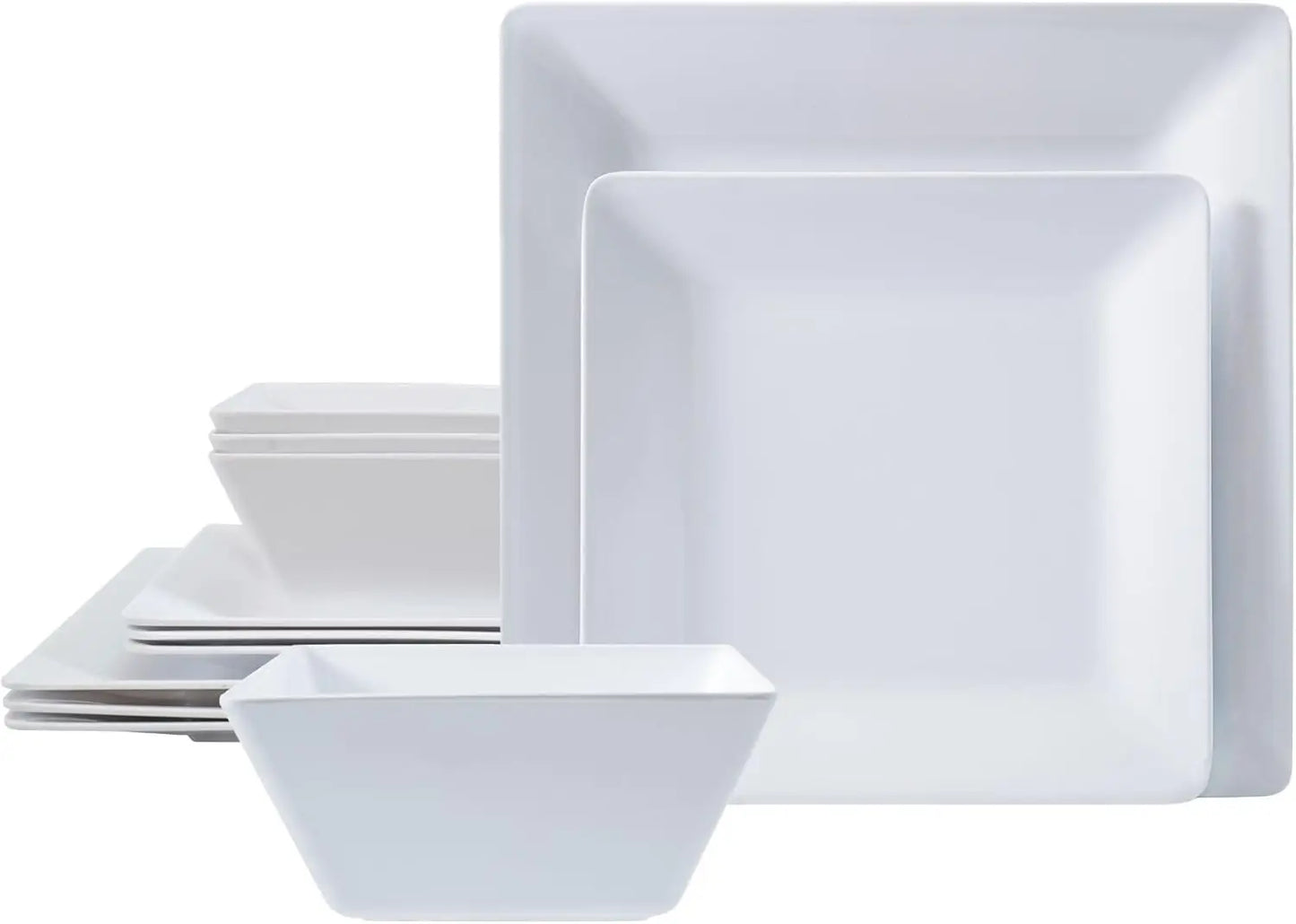 12-Piece Square Dinnerware Set For 4, Non-Breakable Melamine Dishes With Bowls And Plates, Lightweight White