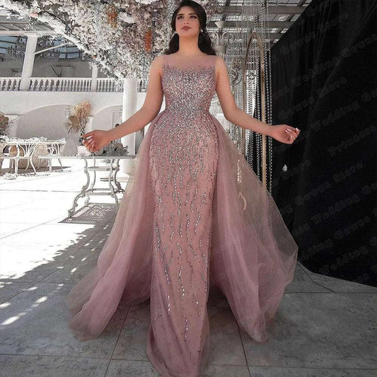 Customized Dubai Luxury Pink Tulle Formal Wedding Evening Dresses For Woman Sleeveless Detachable Train Glitter Long Prom Gown