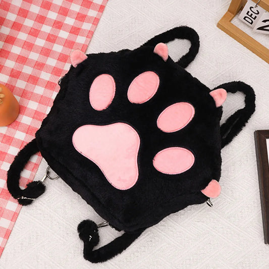 Gorgeous Cat Paw Kawaii Bag with Adjustable Straps Soft Furry Purse with Zipper Sweet School Bag Cartoon Backpack for Women Girls