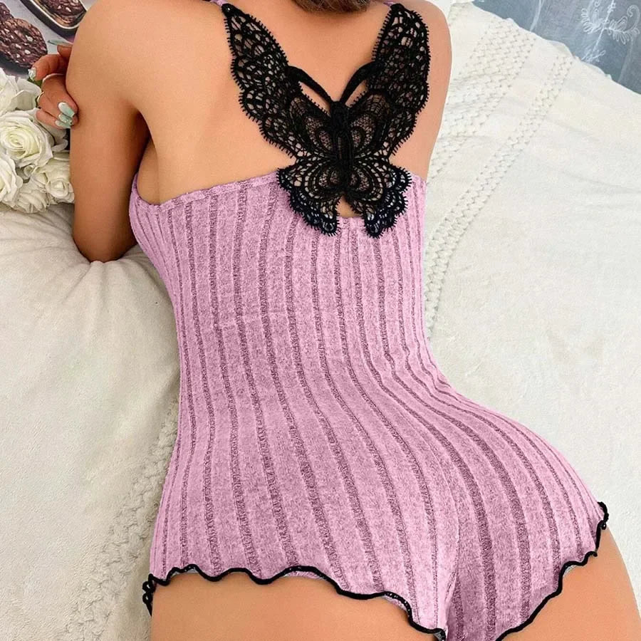 WoMen's Suspenders Lace Trim And Bow Design Pajamas Sleeveless V-Neck Pajamas Set Sleepwear Suit Cute Solid Home Clothes Summer