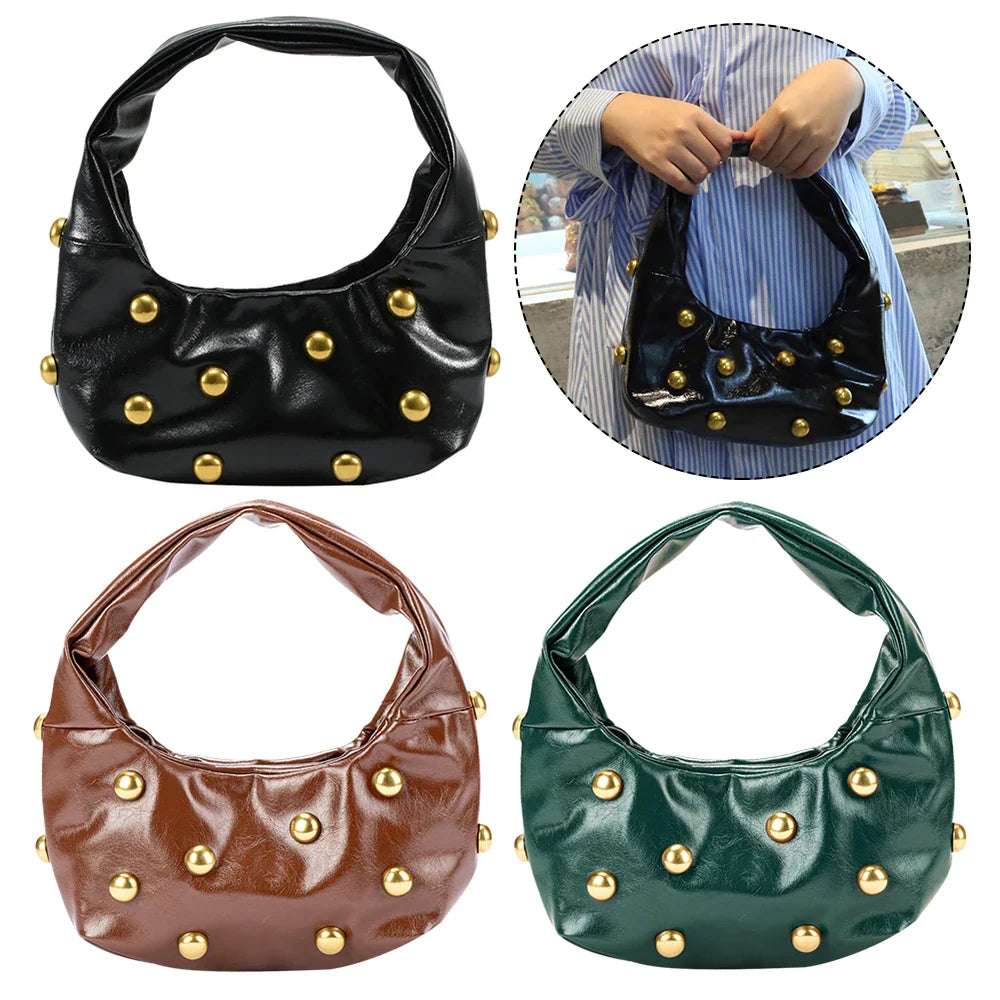 Women PU Rivet Shoulder Bag Trendy Underarm Bag Adjustable Strap Cool Sling Bag Punk Style Satchel Purse Outdoor Travel Bag
