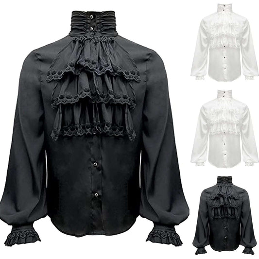 Menteampunk Shirt Vintage Prince Medieval Renaissance Blouse Male White Black Turtleneck Tops Victorian Cosplay Costumes