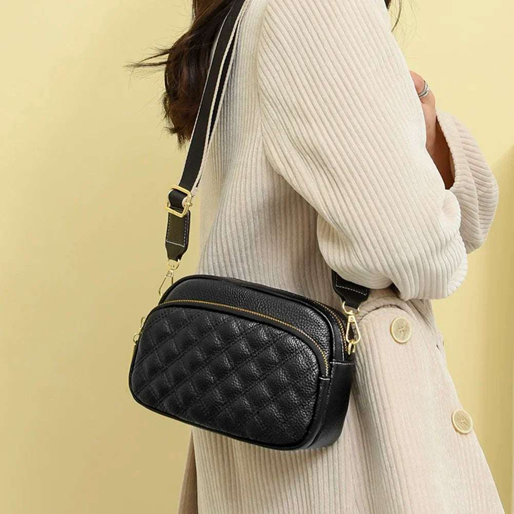 Fashion Messenger Bags Multi-layer Pocket Cowhide Leather Shoulder Crossbody Bag Wide Strap Rhombus Pattern Solid Female Satchel