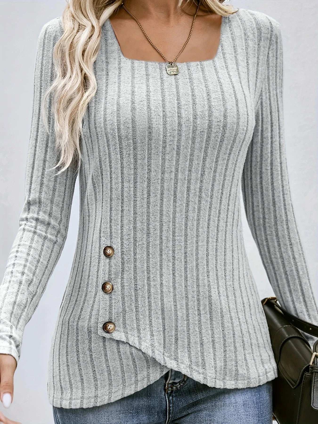 Square Neck Solid Ribbed Button DecorT-Shirt, Casual Long Sleeve Top For Spring & Fall, Women Clothing