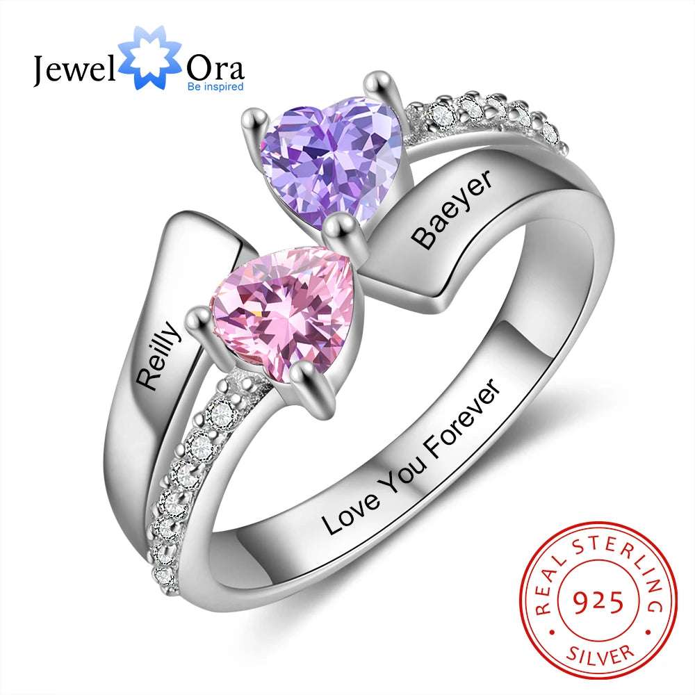 925 Sterling Silver Personalized Engraved Name Wedding EngageMen'st Ring Custom 2-4 Inlaid Heart Birthstone Rings for WoMen's Mother