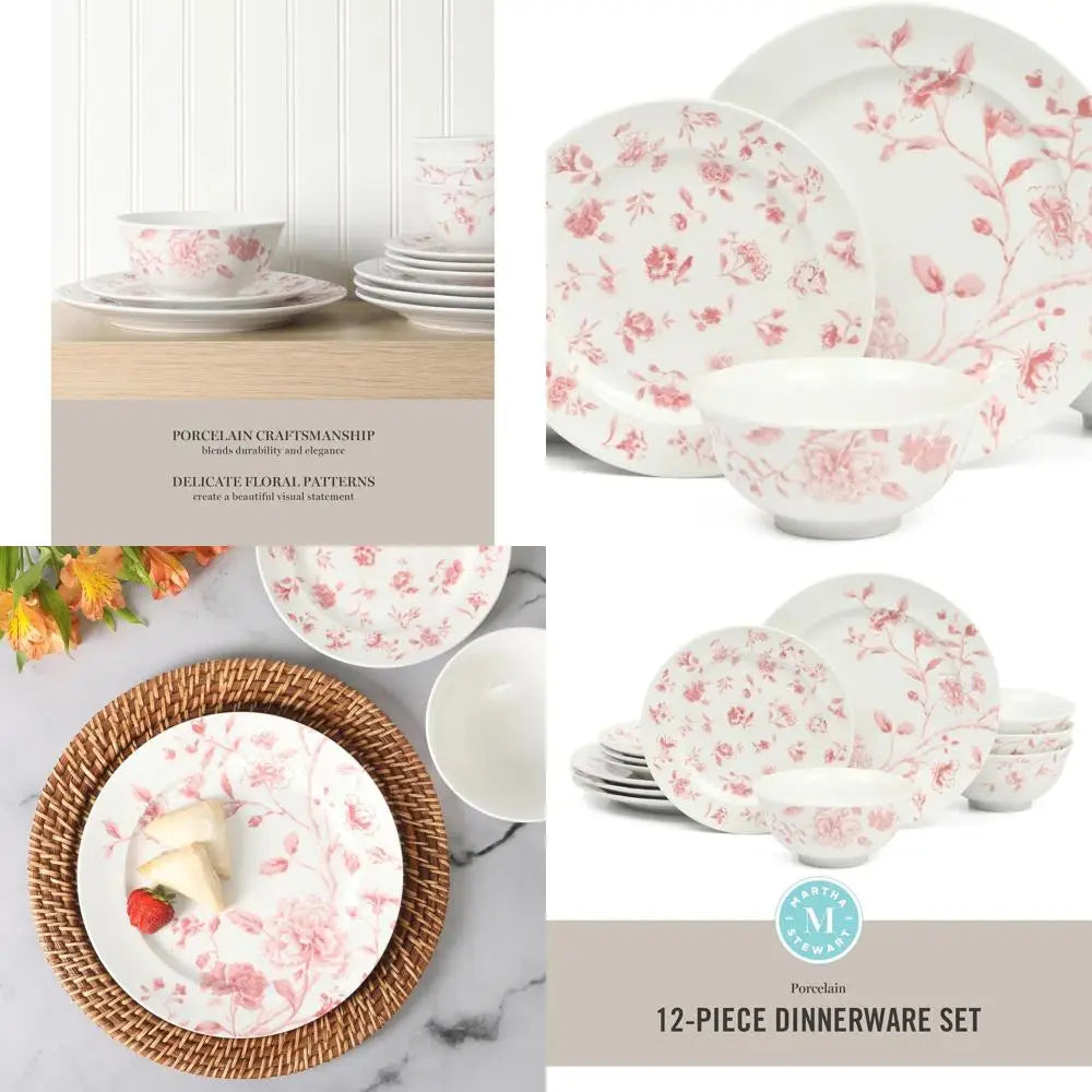 Pink Floral 12-Piece Porcelain Dinnerware Set With Decorated Plates And Bowls - Resistant To Chips And Scratches