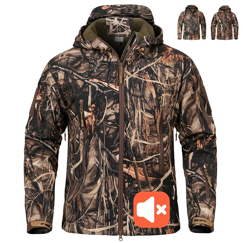 Men'S Quiet Softshell Camouflage Hunting Jacket Water-Resistant Camo Tactical Jacke Men Fleece Outdoor Fising Hiking Hooded Coat