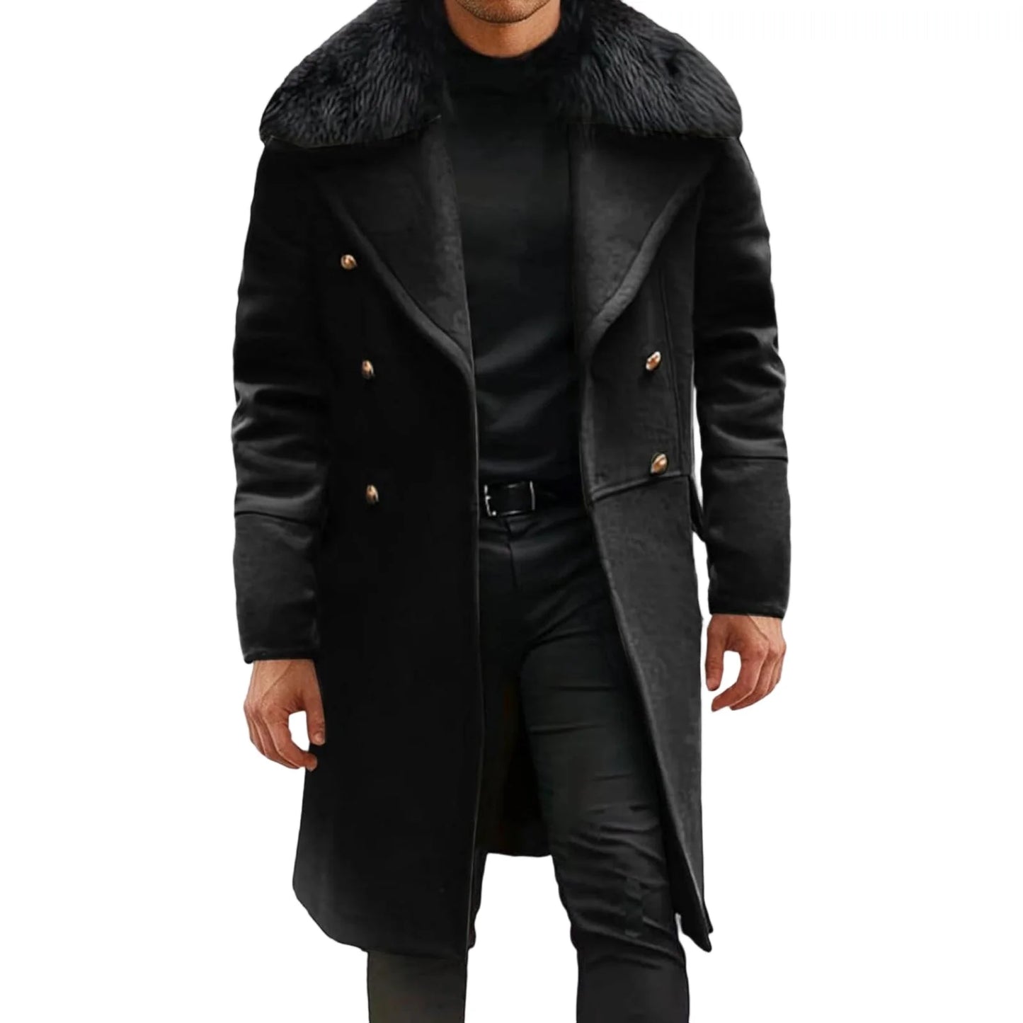 Men'S Classic Double Breasted Trench Coat - Removable Fur Collar Mid-Length Wool Blend Overcoat
