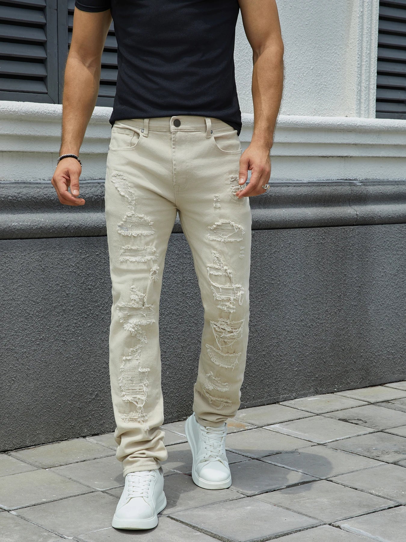 Men's denim stretch pants, full of holes, trend color wash water, embroidery car chaos, slim-fit style, street rock-105