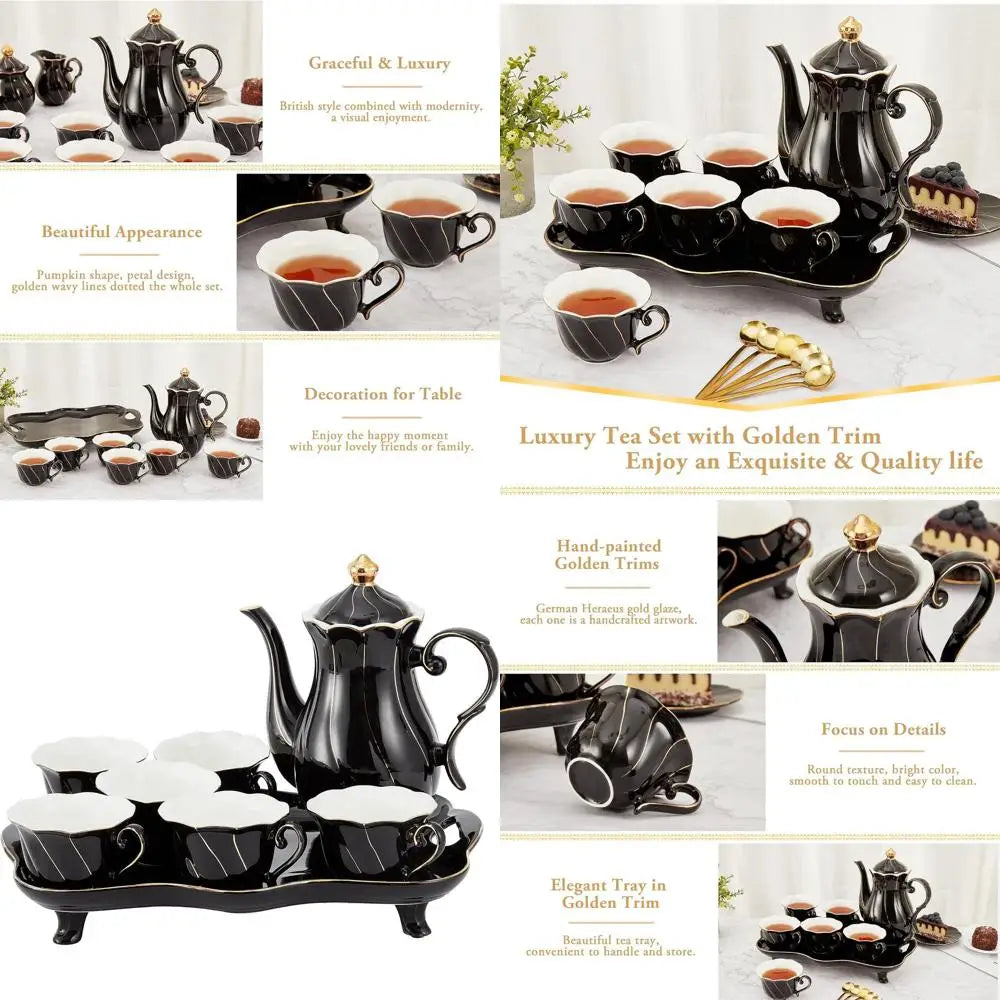 Elegant 14-Piece Black Diamond Tea Set With Tray, Spoons, And Chic Porcelain Decor For Living Room