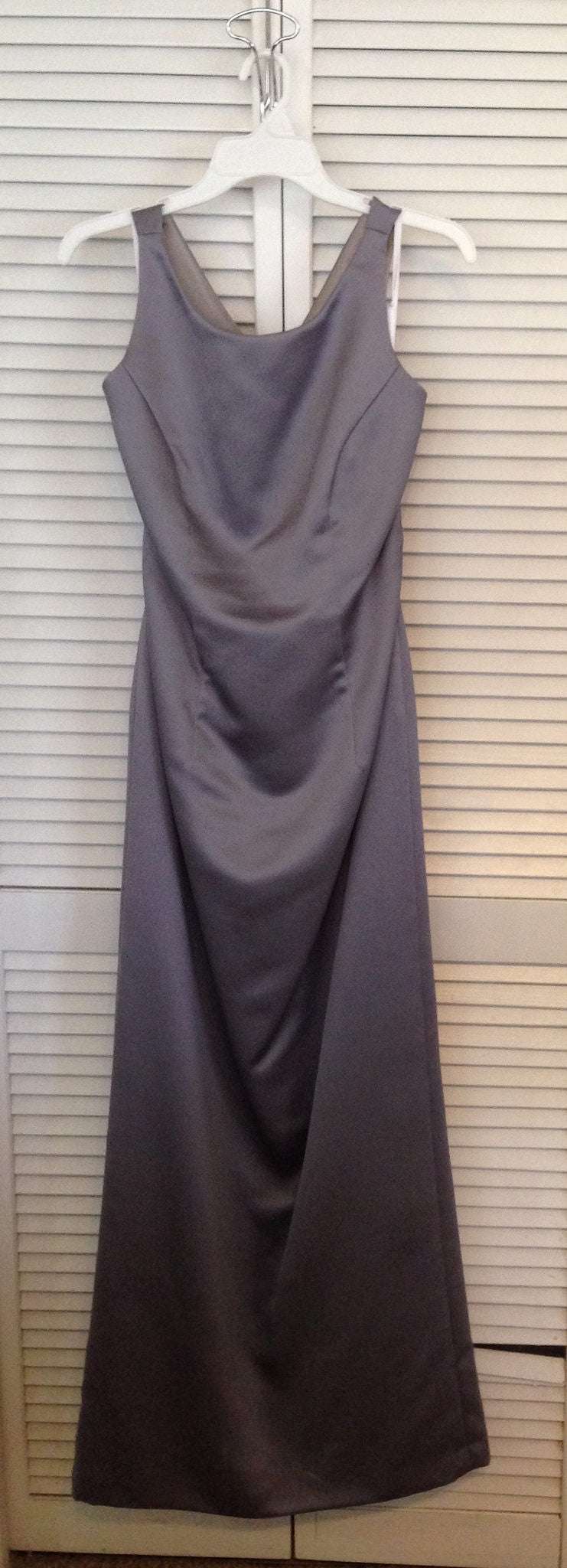 Watters & Watters Women'S Satin Gray Dress | Belt Back Tie Detail | Sleeveless Full Length | Size 8