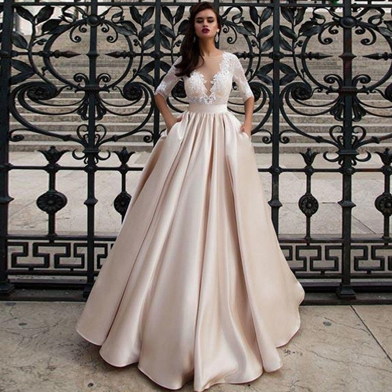 Satin Wedding Dresses With Pocket Vestidos Noiva Lace Half Sleeves Brid
