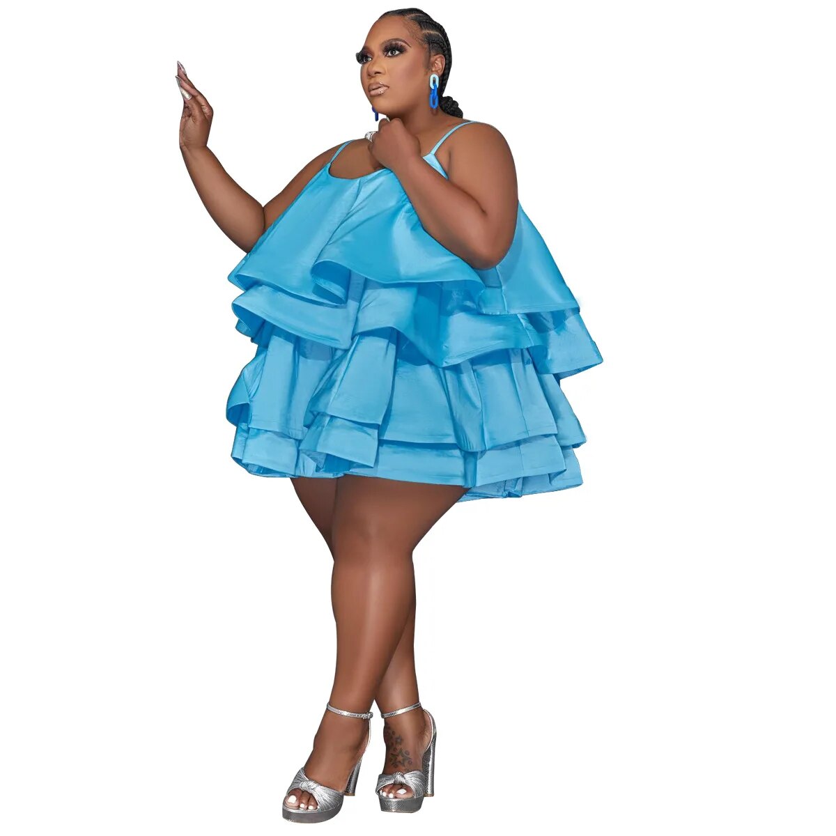 Plus Size 2023 Women Cascanding Ruffles Cake Babydoll Spaghetti Strap Sleeveles