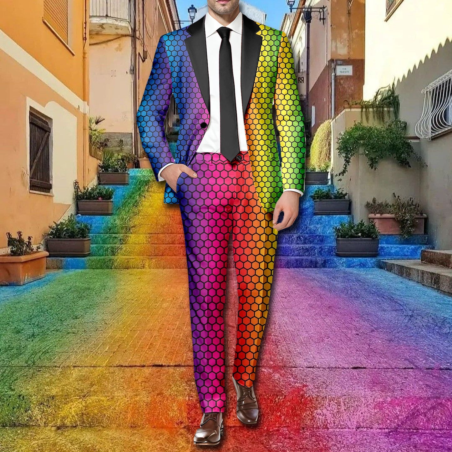 Rainbow Color Printed Men's Suit 2 Piece Set Long Sleeve Blazer Coat And Pants Su