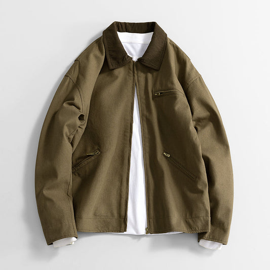 All-Match Jacket Lapel Washed Jacket Fashion Multi-Pocket Zipper 100%Cotton Cou