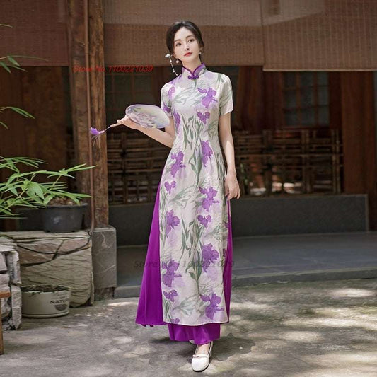 2024 vietnam traditionaldress aodai national flower print cheongsam oriental im