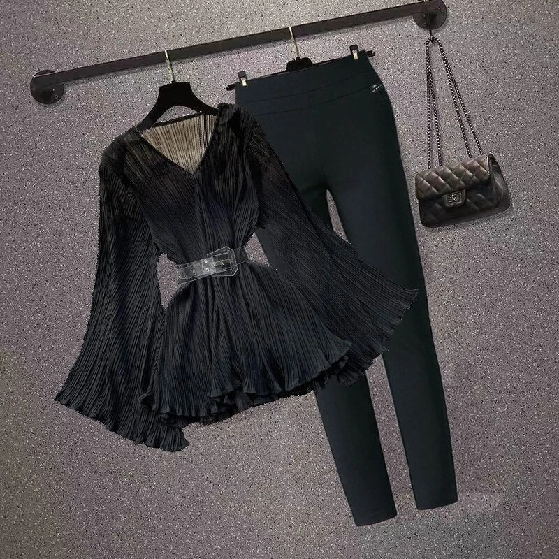 Autumn Winter Elegant OL Flared Sleeve Loose Fashion V-neck Blouse 2023 Top + B