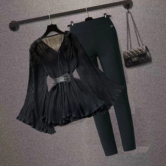 Autumn Winter Elegant OL Flared Sleeve Loose Fashion V-neck Blouse 2023 Top + B