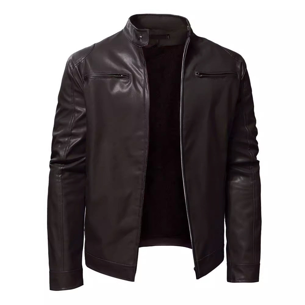 Autumn Men's Stand Collar Jacket Coat Black Leather Motorcycle Jacket Solid Colo