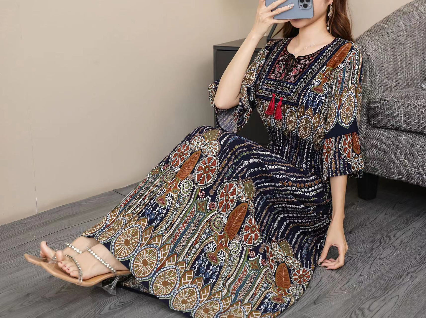 THHONE Summer Dress for Women Robe Maxi Long Boho Bohemian Indian Clothes Korea