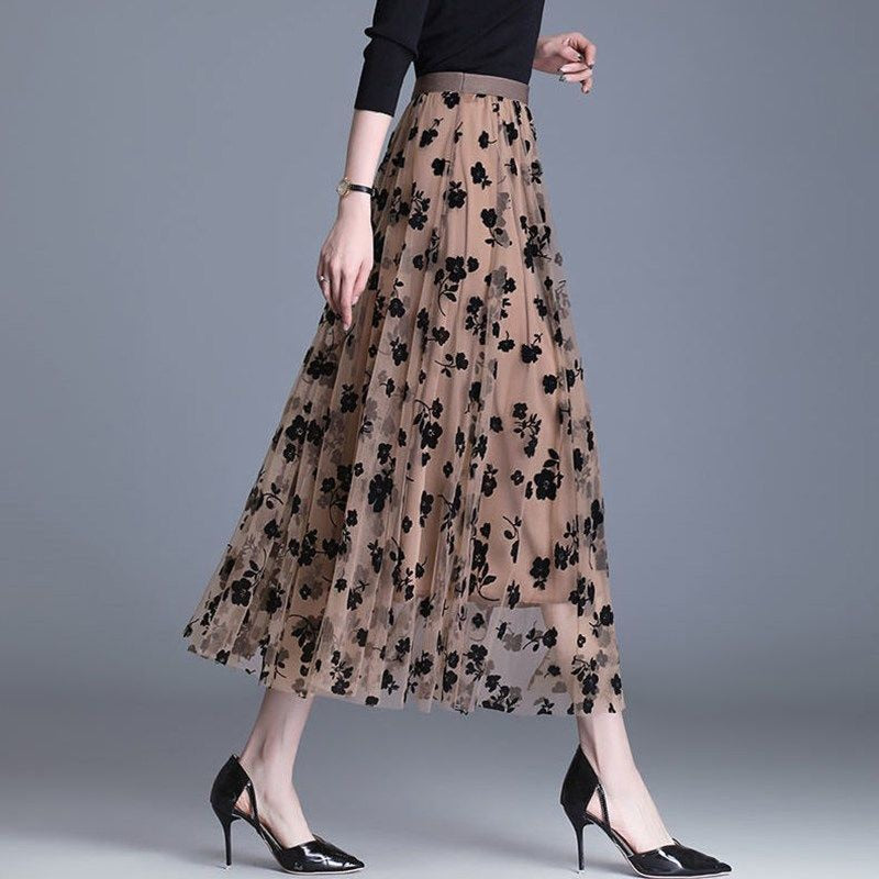 Mesh Floral Skirt For Women 2023 Autumn Winter Lace Flocking Big Swing Elastic