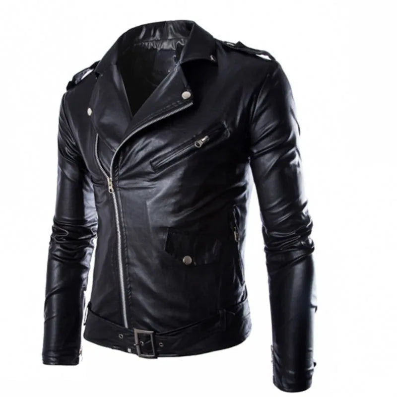 Fashion PU Leather Jacket Men's Buckle Zip Lapel Collar British Black White Pun