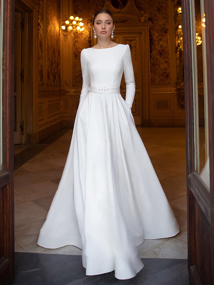 Smileven Satin Wedding Dresses Long Sleeve Lace Bridal Gowns Muslim Wed