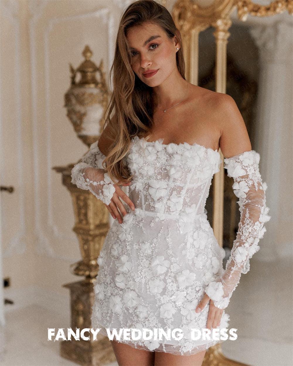 Fancy Knee Mini Short Wedding Dress Saudi Arabia Lace Flower Printing Brid