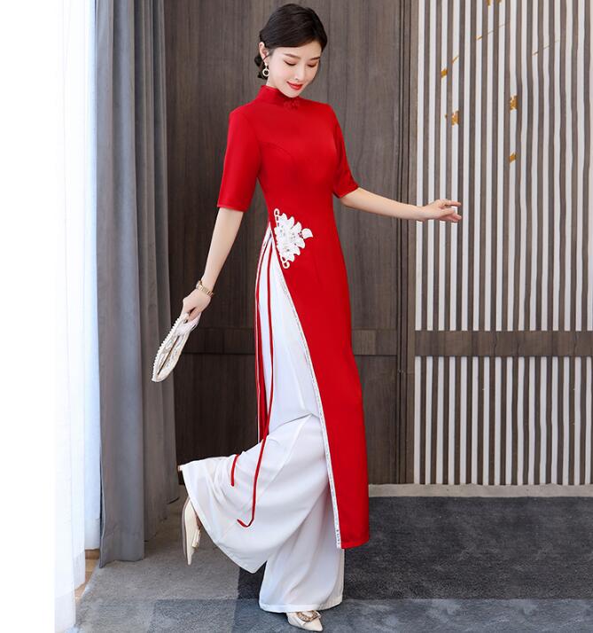 Red Vietnam Ao dai Women Dress Summer Cheongsam Suit Include Pants Vintage Long