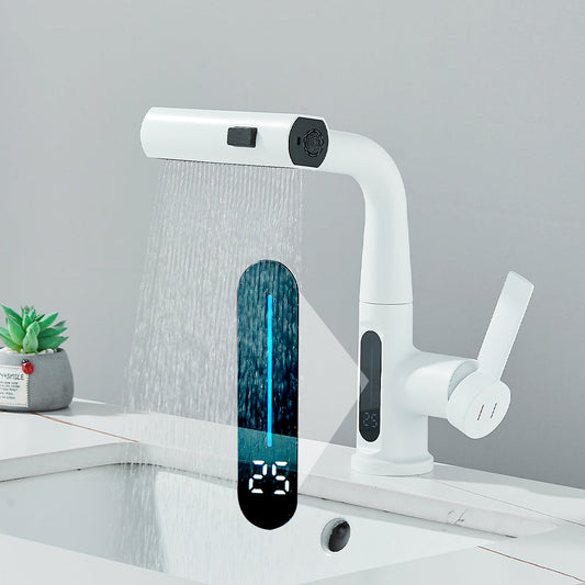 White Bathroom Basin Faucet with Temperature Digital Display Lift Up Crane Pull