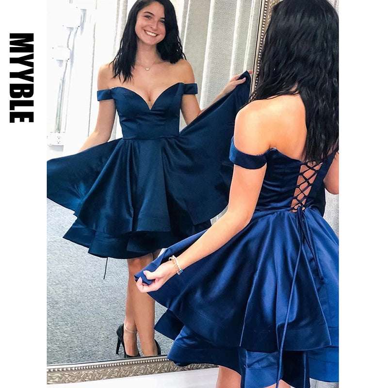 MYYBLE Lovely Off the Shoulder V Neck Navy Blue Satin Short Homecoming Dresses